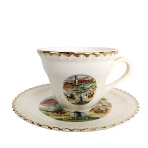 Vintage Nebraska Porcelain Cup & Saucer Set MidCentury Souvenir Cornhusker State
